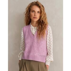 ME+EM Lace Stitch Vest Pink Delicate Cashmere Silk Wool V-Neck Small Feminine